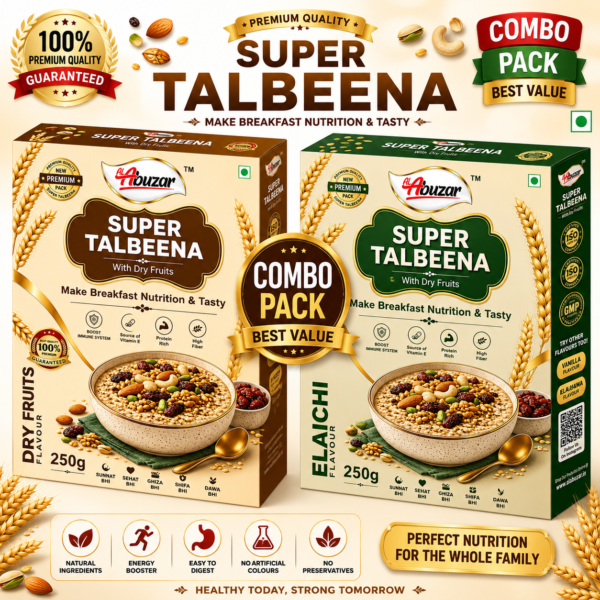 Al-Abuzar Super Talbeena Combo Pack (250g x 2) - Dry Fruits Flavour & Elaichi Flavour | 100% Natural Barley Porridge | Healthy Breakfast Nutrition, Boosts Immunity, High Fiber, Protein Rich | Sunnat Bhi, Sehat Bhi
