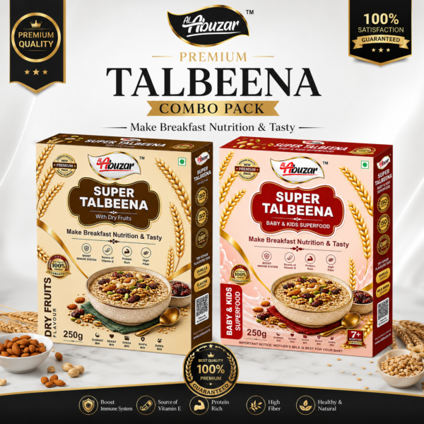 Al-Abuzar Super Talbeena Combo Pack (250g x 2) - Dry Fruits Flavour & Baby/Kids Super Talbeena | 100% Natural Barley Porridge | Healthy Breakfast Nutrition, Boosts Immunity, High Fiber, Protein Rich | Sunnat Bhi, Sehat Bhi